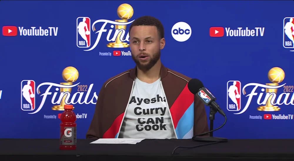 Stephen Curry delivers a payback dig at Boston fans by wearing a T-Shirt saying “Ayesha Curry can Cook”
